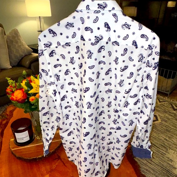 Guide London Premium Men’s Dress Shirt, White & Royal Blue Velvet Paisley SZ (M) - Picture 8 of 10